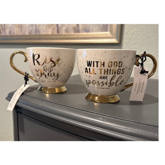 Quality Porcelain Mugs (Set of 2) Rise & Pray, With God All Things Are Possible - Picture 1 of 7
